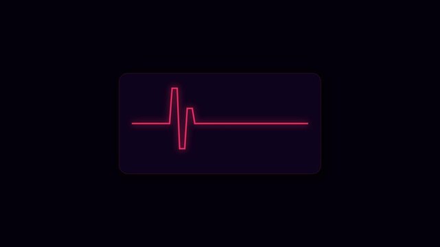 Red glowing neon heartbeat line scrolling across medical monitor interface with flatline transition on dark background for healthcare concept.