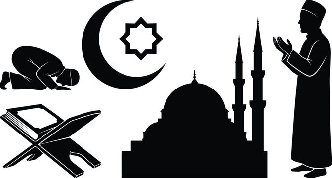 Islamic solid black silhouette vector element set featuring a praying man mosque crescent moon star and holy quran book