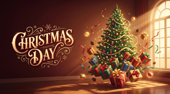 Magical Christmas Day Greeting with Decorated Pine Tree and Floating Gift Boxes in a Sunlit Living Room