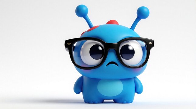 Cute blue cartoon alien wearing big black glasses looks sad, confused. Small 3D character with antennas, red spots worried expression. Whimsical creature with large eyes stands on white background in