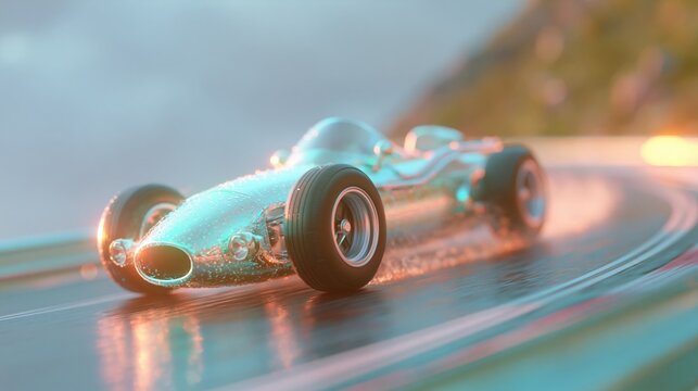 Turquoise vintage roadster slides through a glowing wet mountain bend