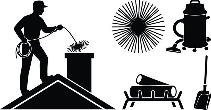 Professional chimney sweep service solid black silhouette vector element set featuring worker cleaning roof flue pipe tools fireplace logs and vacuum