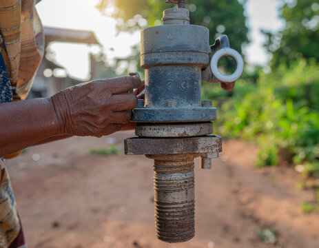 hands operating tube well water pump valve in rural village