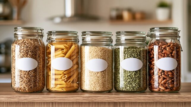 Five glass jars with oval blank labels organize common pantry staples