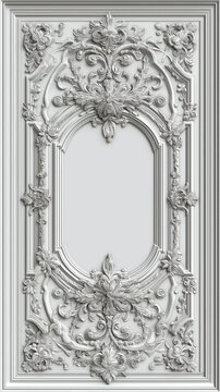 Vertical ornate white rococo frame with intricate floral carving on light wall background