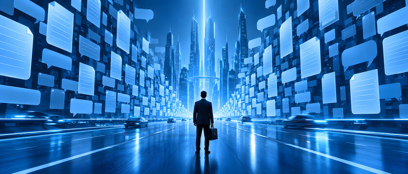 Premium conceptual illustration representing data and information overload, featuring a person standing beneath an enormous cascade of falling digital data, documents, numbers, charts, notifications,	