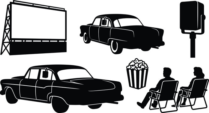 Vintage drive in movie theater solid black silhouette vector element set featuring classic cars outdoor screen pole speaker popcorn and couple watching