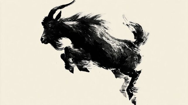 Chinese ink painting silhouette of leaping goat in sumi-e style for lunar new year zodiac celebration