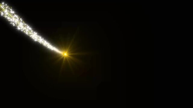 Golden glowing star dust ring burst vfx sparkling celestial particle. twinkling stars and magical swirl path on black background. Sparkling golden comet trail with glowing light tail 4k.