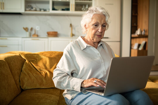Senior woman using laptop on sofa at home