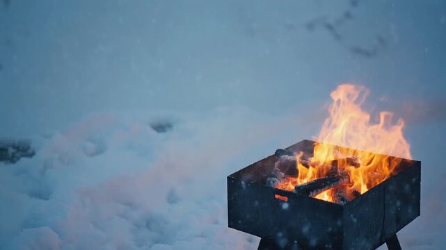 Warm Fire Burning in Brazier During Winter Snowfall
