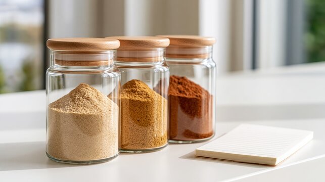 Tall wooden lid spice jars line up beside blank recipe notes