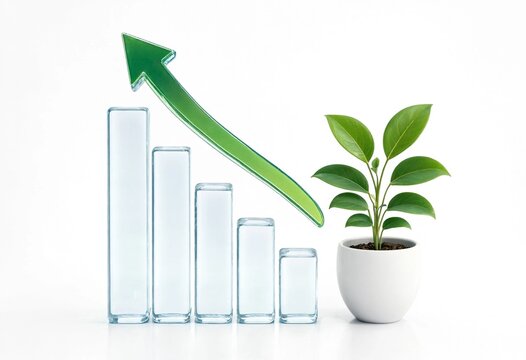 Glass bar chart showing financial decline next to a green potted plant for business growth and environmental sustainability concepts