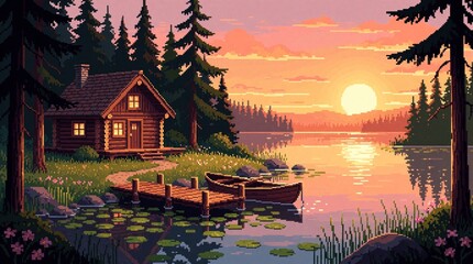 Obraz premium Pixel art illustration of cozy wooden cabin by calm lake at sunset. Small boat floats near wooden pier among lily pads. Pine forest, mountains under orange sky. Peaceful nature landscape with warm