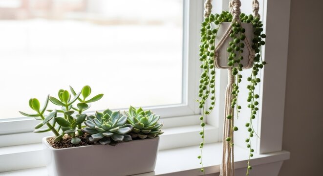 Potted succulents and hanging plant on sunlit window ledge.