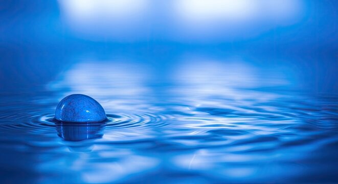Blue water drop creating ripple rings on smooth surface.