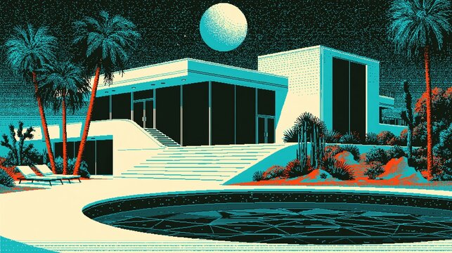Graphic turquoise retro villa with dark circular pool beneath moon and palm trees