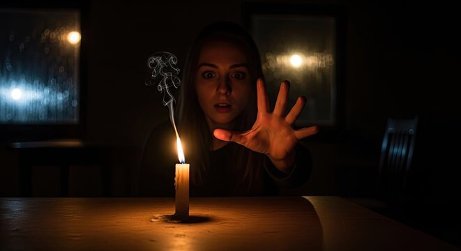 Young woman conducting seance with single lit candle flame.