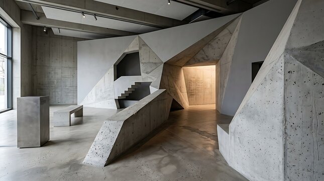 Geometric concrete architecture with internal lighting and stairs