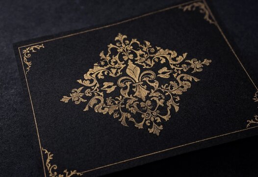 Elegant gold foil damask floral pattern on black textured cardstock paper background