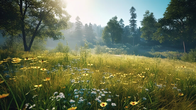 Bright summer morning meadow filled with white daisies and surrounded by tall pine and birch trees in soft mist
