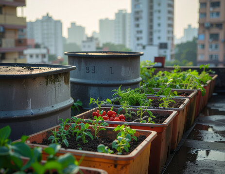row of rectangular plastic planter boxes growing fresh vegetables and tomatoes beside water storage tanks on an urban building rooftop at daylight