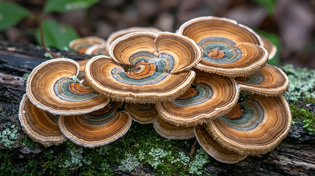 Colorful turkey tail mushroom bracket fungi growing on tree stump in forest