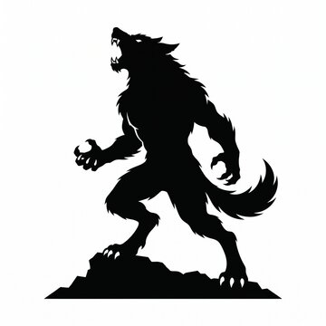 Black vector silhouette icon of a roaring werewolf standing on a rock, isolated on a white background.