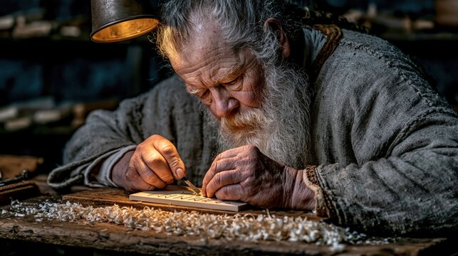 Old bearded woodworker concentrates on delicate carving under warm lamp
