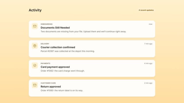 Animated activity feed with alert cards showing courier collection, payment approval, return update, and document reminder on warm yellow gradient. Interface motion design for app presentations.