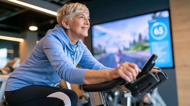 Smiling senior white woman rides stationary bicycle in bright technology equipped gym