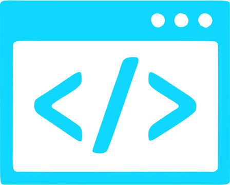 Bright blue vector graphic illustration featuring simple software code tags inside a window frame