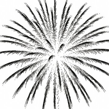 Hand drawn ink sketch of big fireworks burst. Black explosion lines create spark effect on white background. Festive star shape celebration energy, holiday joy, new year event. Minimalist doodle art