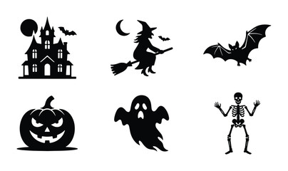 Fototapeta premium Halloween Icons Set: Spooky Haunted House, Witch Flying, Bat, Pumpkin, Ghost, Skeleton Vector Graphics