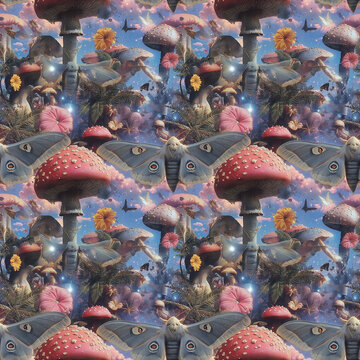 Mystical blue moth and pink mushroom forest seamless fantasy pattern in dreamy nocturnal surreal style