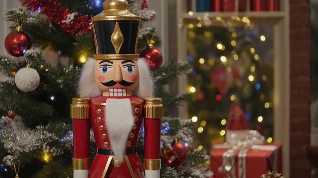 Nutcracker soldier standing guard beside a festive Christmas tree with warm glowing lights and gifts
