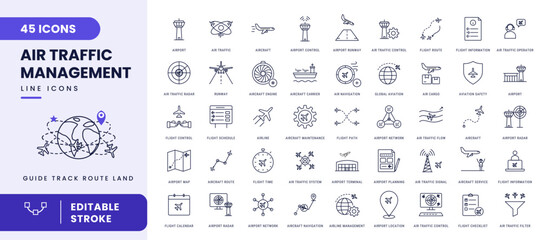 Set of 45 outline icons related to Air traffic management. Mega collection icons. Vector illustration © Horisko