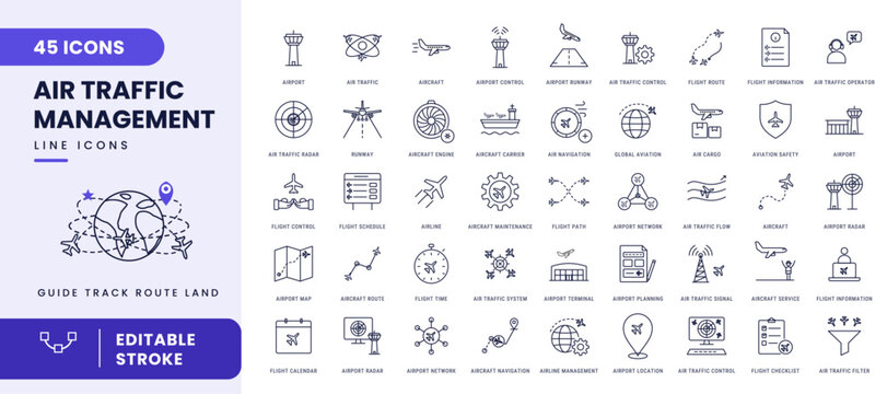 Set of 45 outline icons related to Air traffic management. Mega collection icons. Vector illustration
