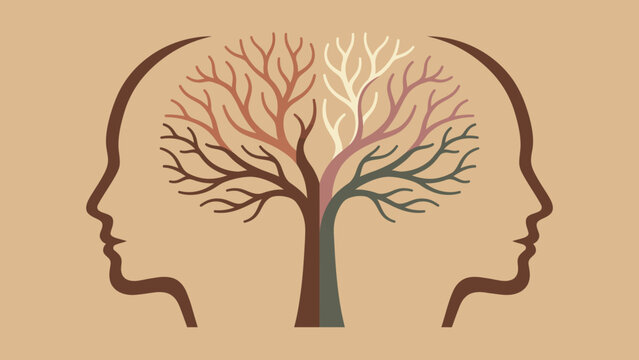 Profile silhouettes of two human heads containing tree branches representing psychology and growth