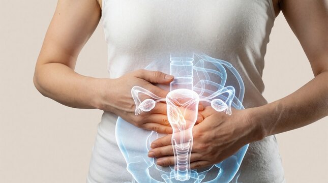 Female torso with digital overlay of reproductive system. Woman holds abdomen in pain due to uterine fibroid ovary issues. Medical illustration shows uterus anatomy, pelvic organs, internal health