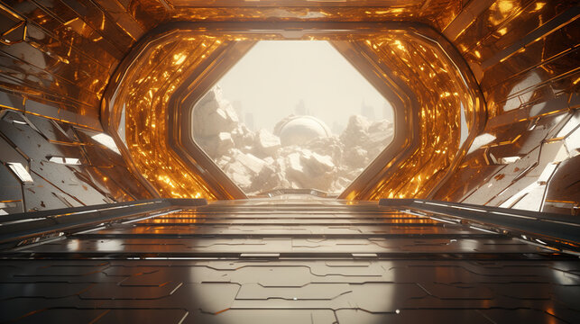 Futuristic sci-fi spaceship corridor interior with glowing orange neon lights and reflective black floor