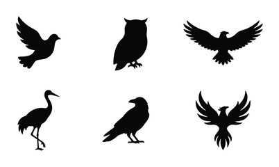 Fototapeta premium Diverse Bird Silhouettes Collection: Owl, Eagle, Dove, Crane, Raven, Phoenix Icons for Graphic Design