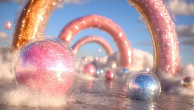 Golden rainbow arch rising from sparkling sea with floating bubbles and pastel clouds