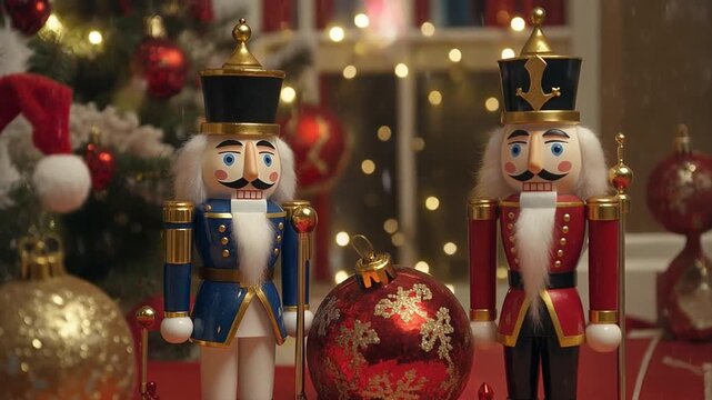Nutcracker soldiers stand guard with festive Christmas tree lights and ornaments in warm ambient glow