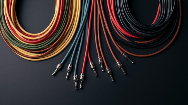 Hanging colorful audio cables with exposed metal jack plugs on dark wall