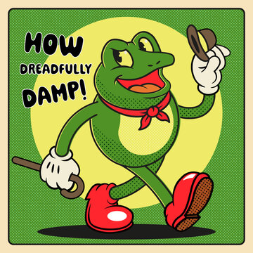 Vintage Cartoon Frog in 1930s Comic Style with Halftone Print Texture