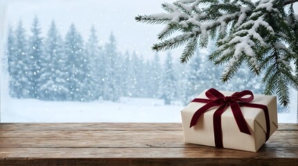 Obraz premium Wooden table surface covered with fresh white snow against a blurred winter forest background scene. Christmas holidays scenic background