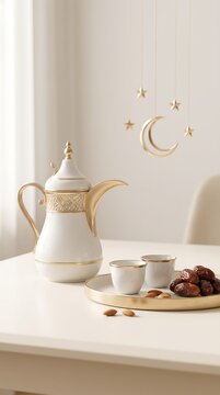 Arabic coffee pot with dates and nuts on golden tray against minimalist soft background for ramadan iftar celebration and traditional hospitality culture display.