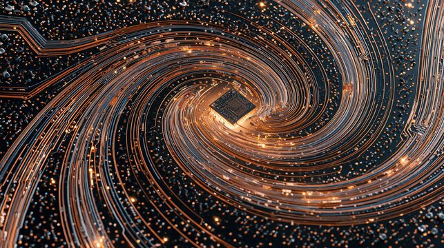 Abstract spiral galaxy swirl pattern made of electronic circuit board traces macro art