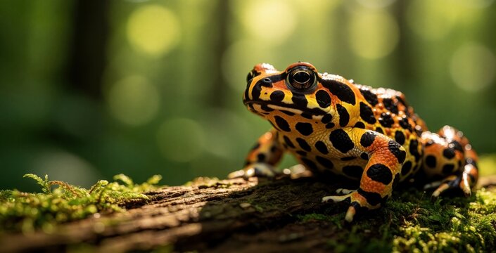 Closeup of yellow bellied toad Bombina variegata sitting on mossy log. Colorful amphibian with black spots, orange skin rests in forest. Wild animal wildlife macro shot in green woodland environment